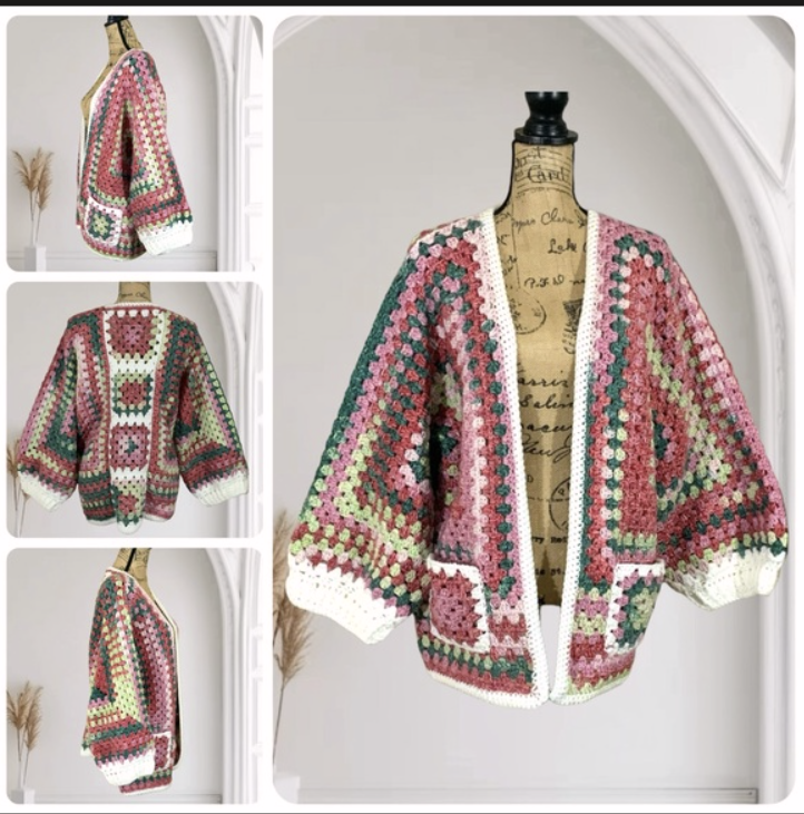 Handmade Granny Square Crochet Cardigan – Boho Oversized Knit Sweater Jacket