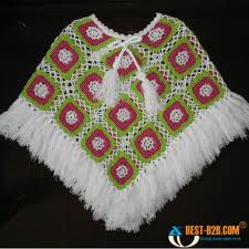 Handmade Granny Square Fringe Poncho for Girls - White & Pink