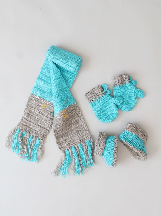 Handknit Bird Applique Muffler with Gloves & Boots -Blue