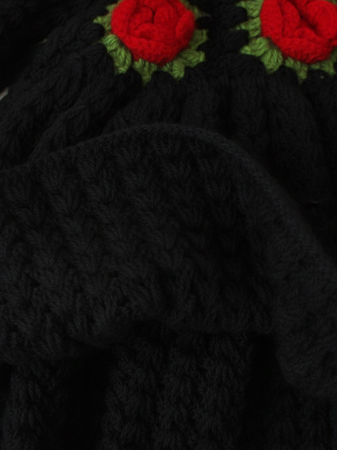 Handknitted Full Sleeves Rose Detailed Frock - Black