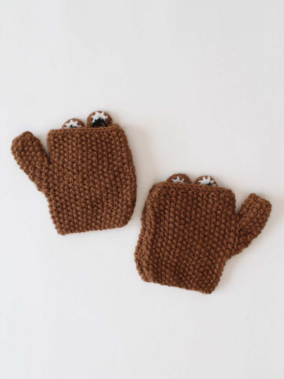 Bear Applique Detailed Fingerless Gloves - Brown