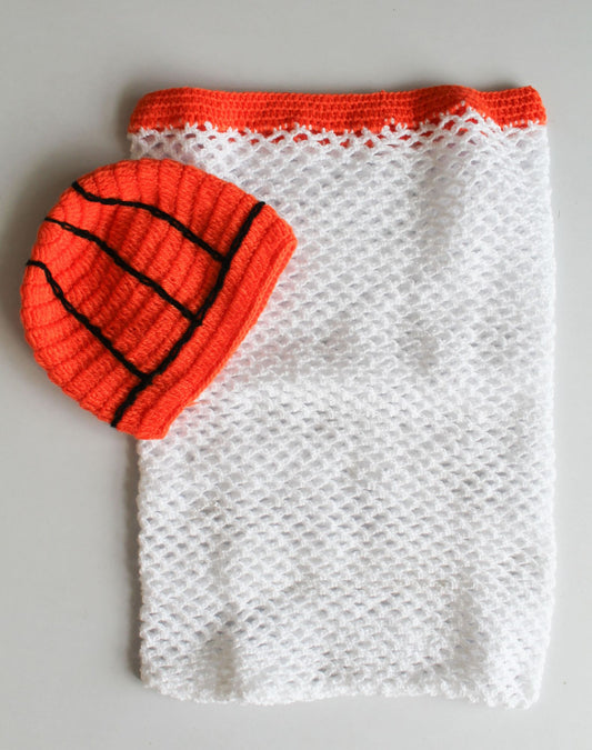 Basketball Design Detailed Cap With Basketball Net Photography Prop - White & Orange
