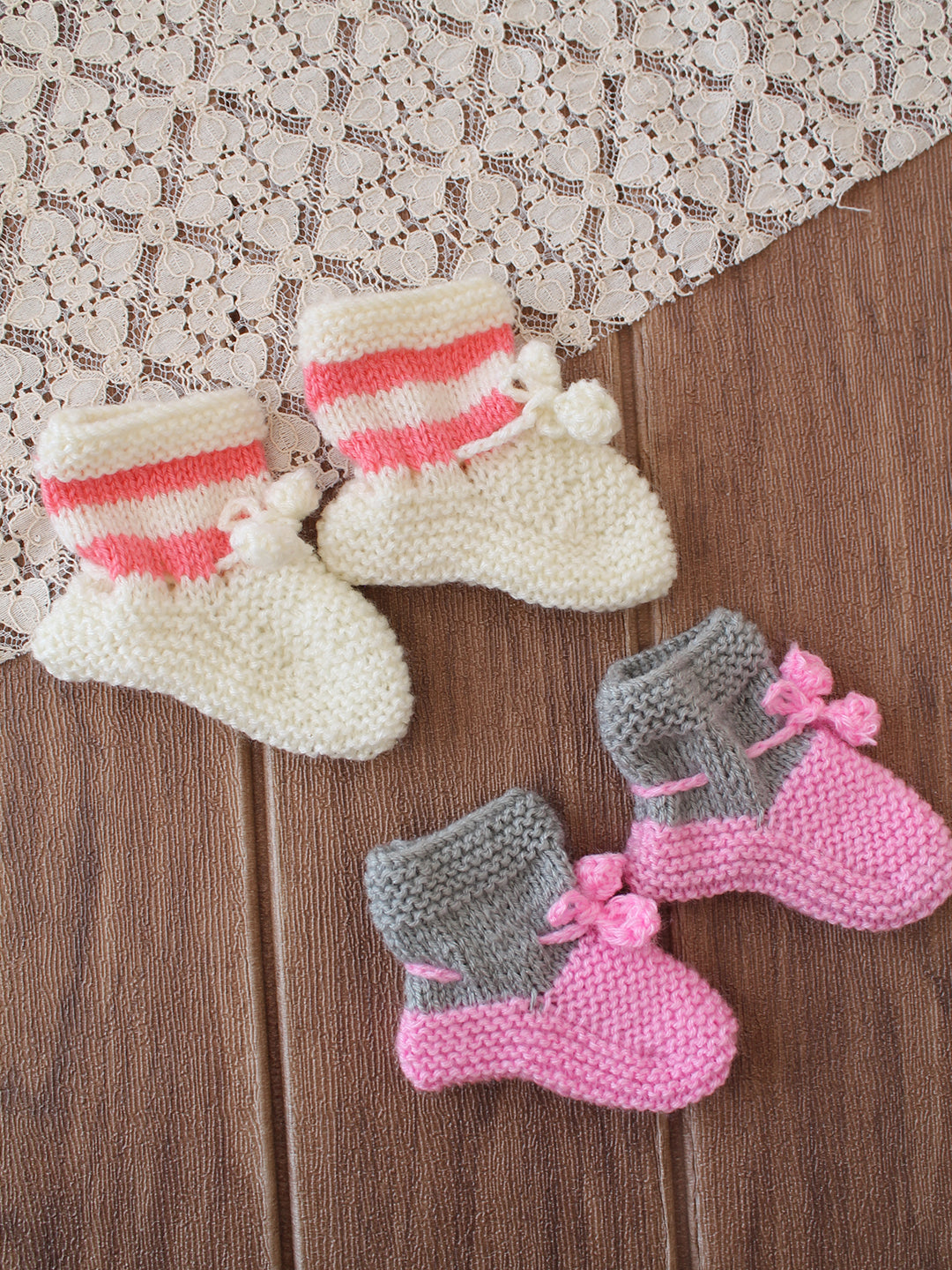 Handknitted Socks with Striped & Self Design Pack of 2 - Cream & Pink