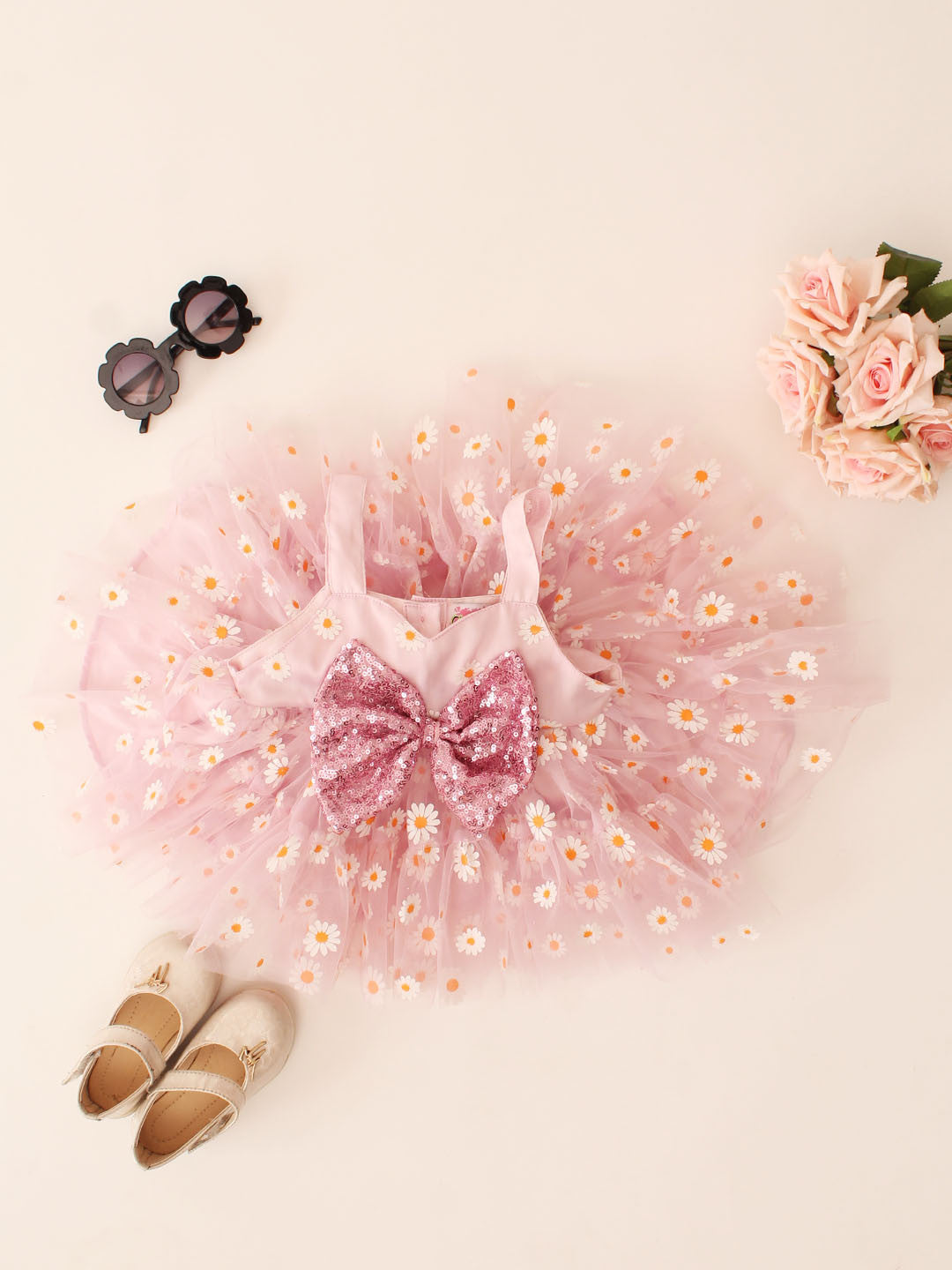 Qvink Bow Applique Pink Party Wear Dress for Kids - Pink