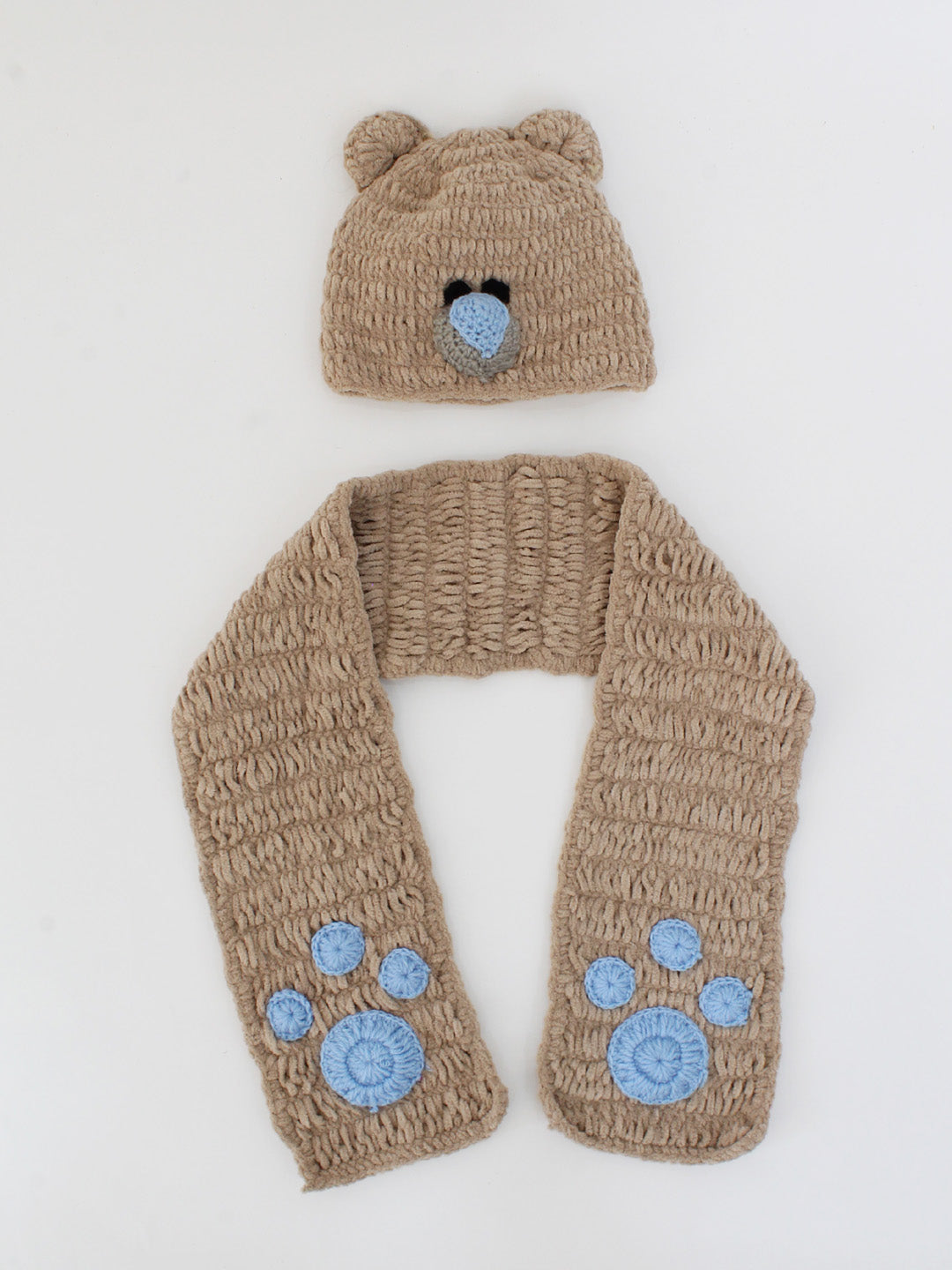 Handmade Bear Face Crochet Cap with Muffler - Beige