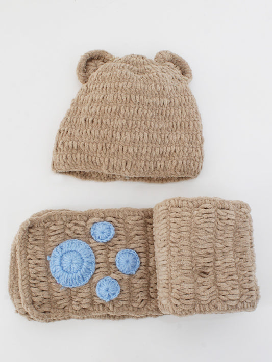 Handmade Bear Face Crochet Cap with Muffler - Beige