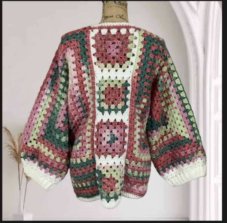 Handmade Granny Square Crochet Cardigan – Boho Oversized Knit Sweater Jacket