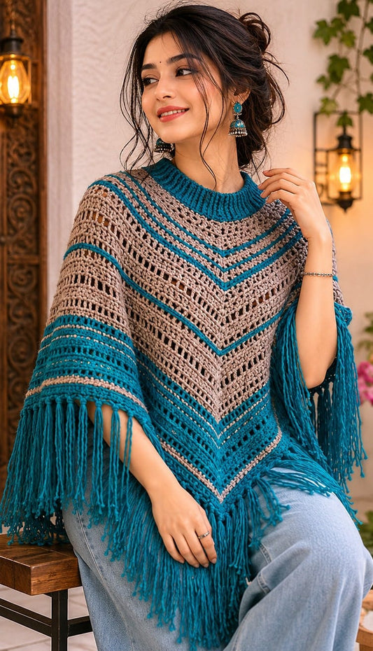 Elegant Handmade Fringe Crochet Poncho