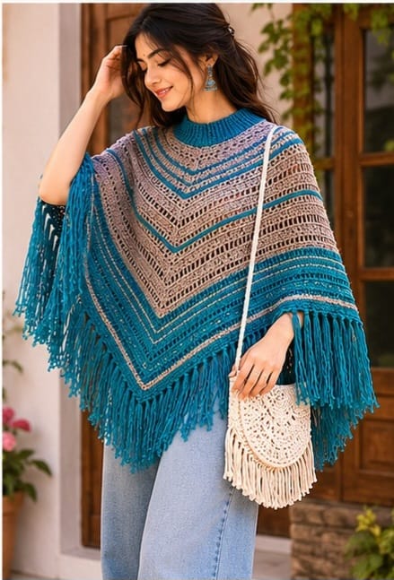 Elegant Handmade Fringe Crochet Poncho