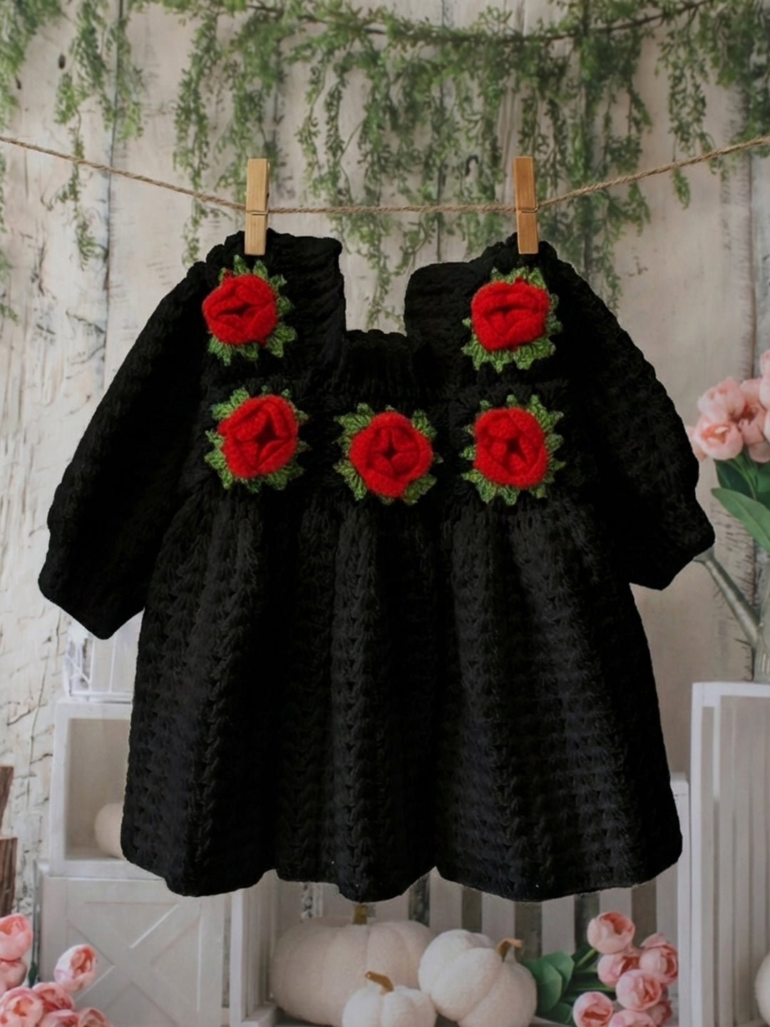 Handknitted Full Sleeves Rose Detailed Frock - Black
