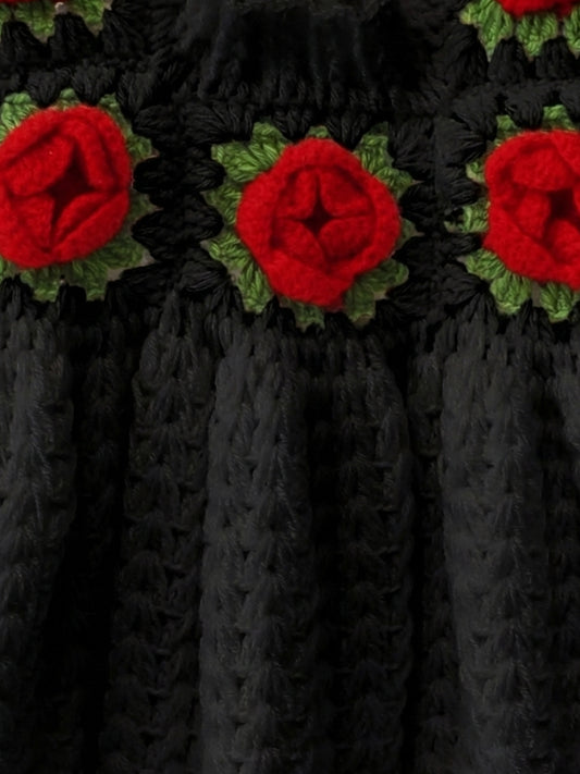Handknitted Full Sleeves Rose Detailed Frock - Black