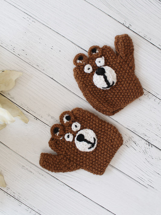 Bear Applique Detailed Fingerless Gloves - Brown