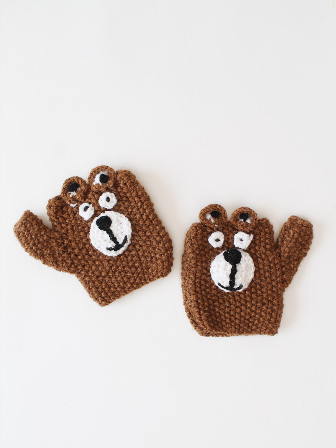 Bear Applique Detailed Fingerless Gloves - Brown