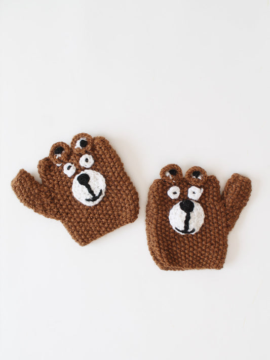 Bear Applique Detailed Fingerless Gloves - Brown