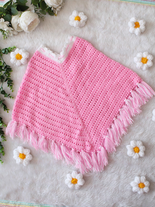 Crochet Fringe Poncho - Pink