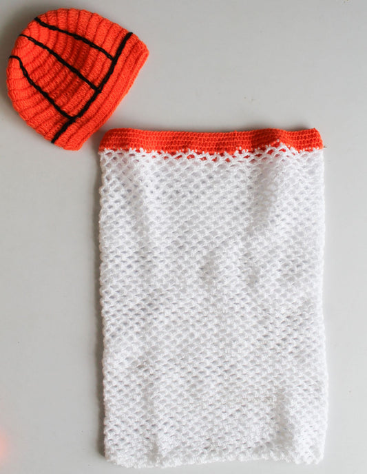 Basketball Design Detailed Cap With Basketball Net Photography Prop - White & Orange