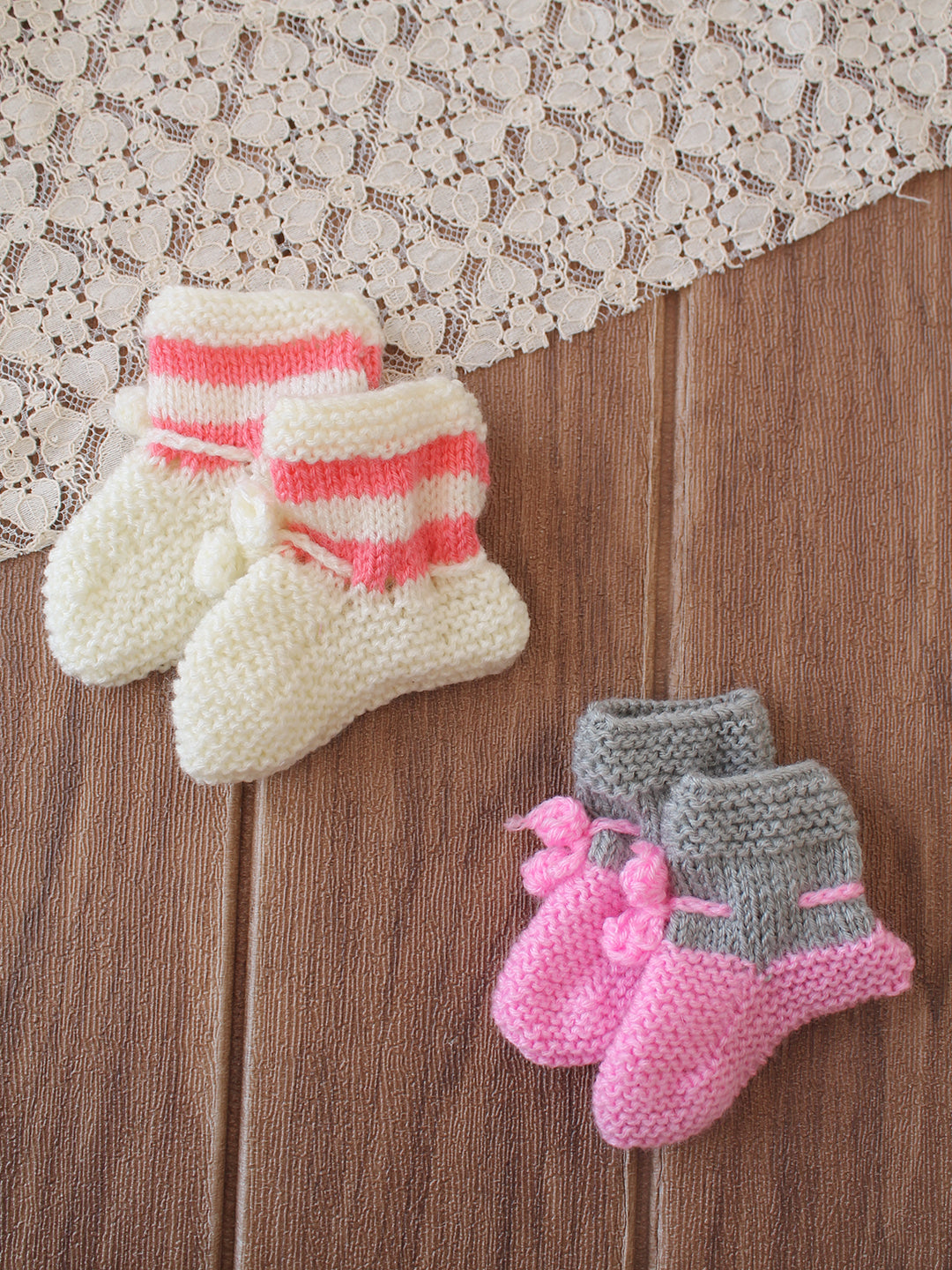 Handknitted Socks with Striped & Self Design Pack of 2 - Cream & Pink
