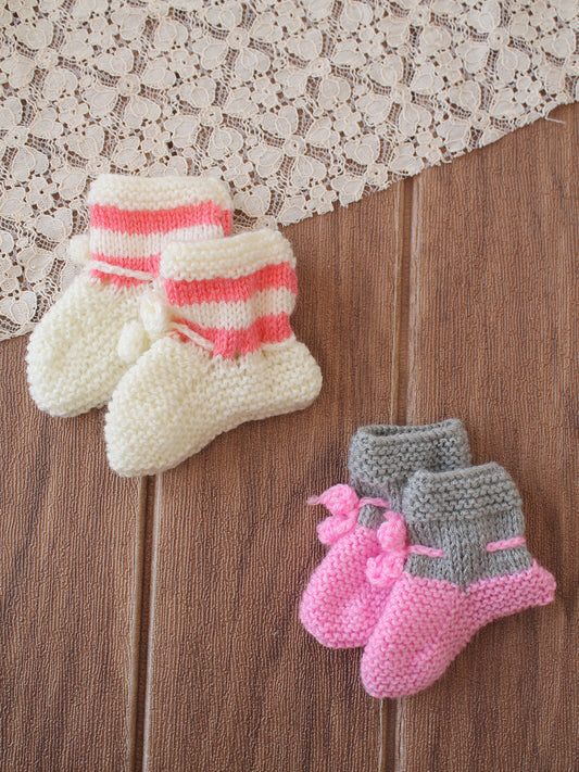 Handknitted Socks with Striped & Self Design Pack of 2 - Cream & Pink