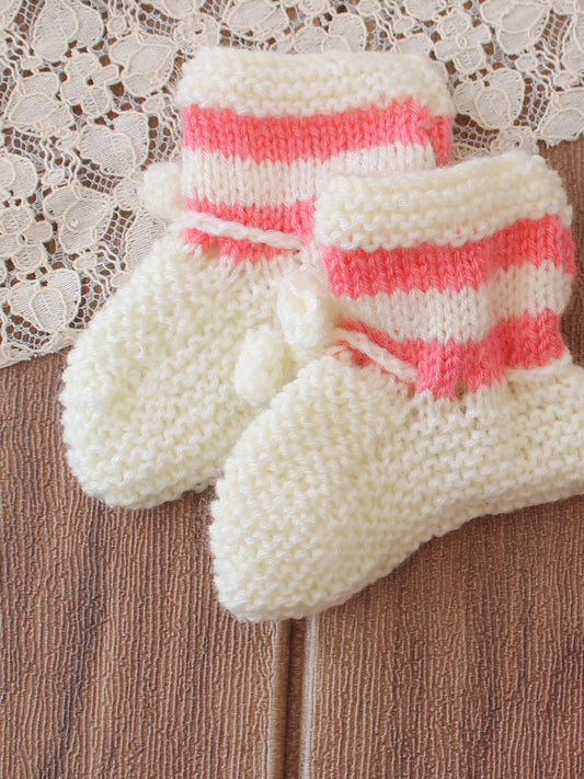 Handknitted Socks with Striped & Self Design Pack of 2 - Cream & Pink