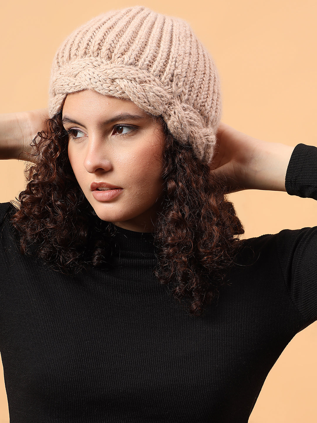 Velvery Merino Wool Sustainable Twisted Cable Knit Cap - Beige