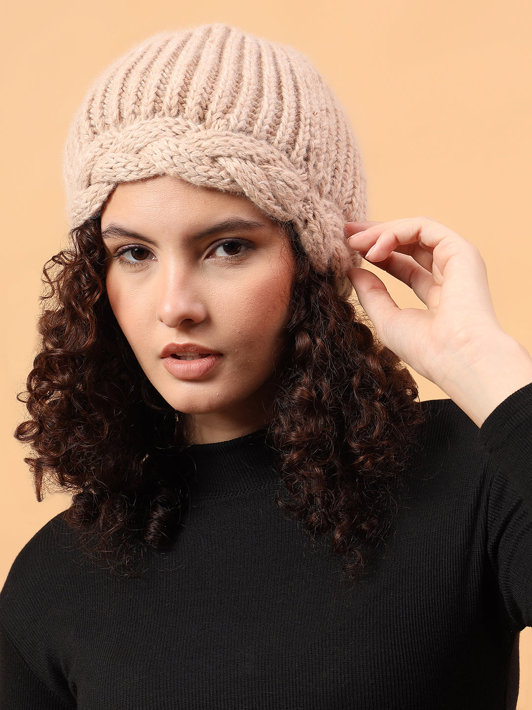 Velvery Merino Wool Sustainable Twisted Cable Knit Cap - Beige