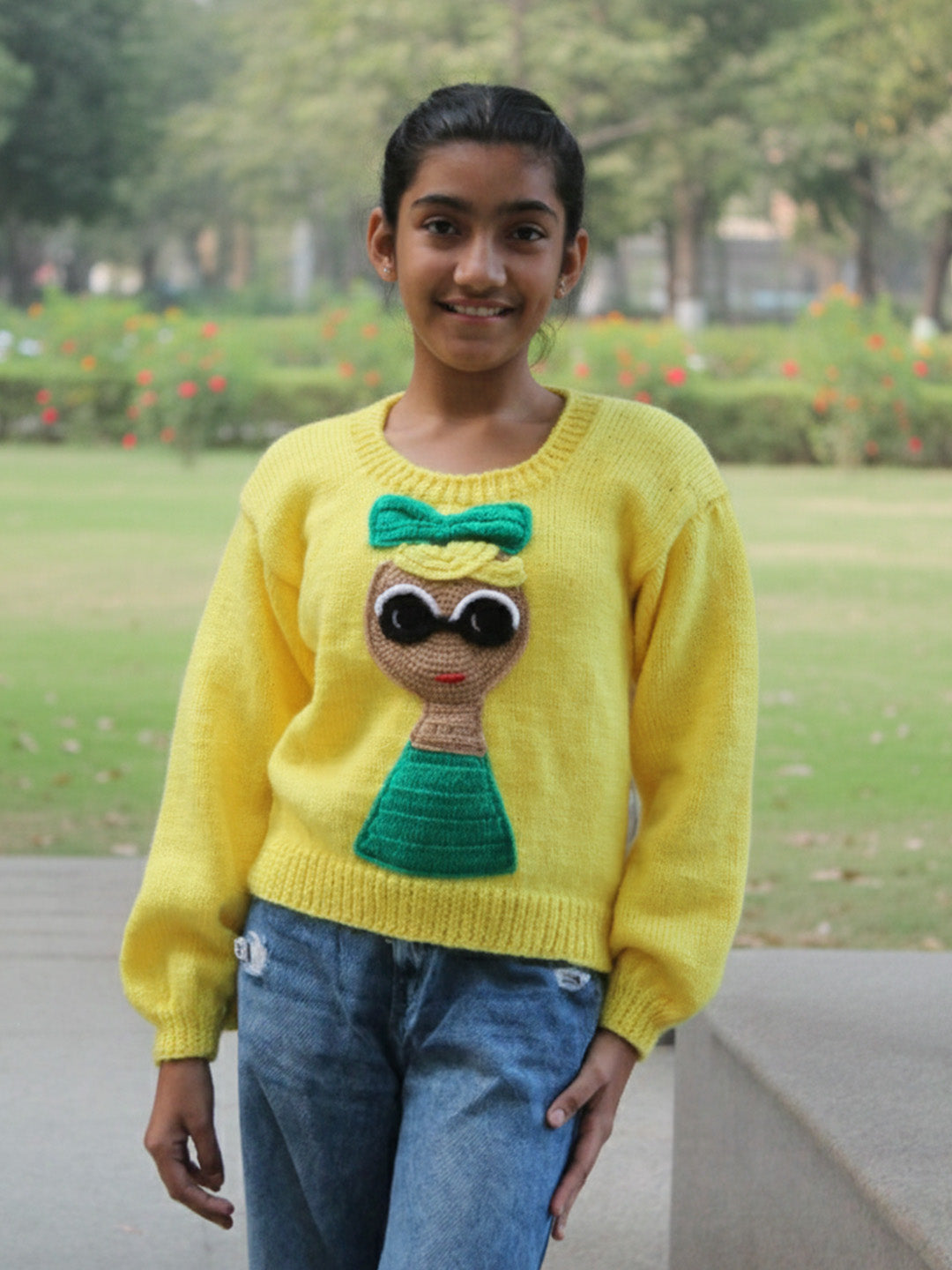 Handknitted Full Sleeves Doll Designed Sweater - Yellow