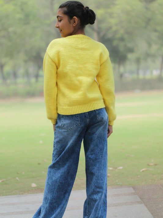 Handknitted Full Sleeves Doll Designed Sweater - Yellow