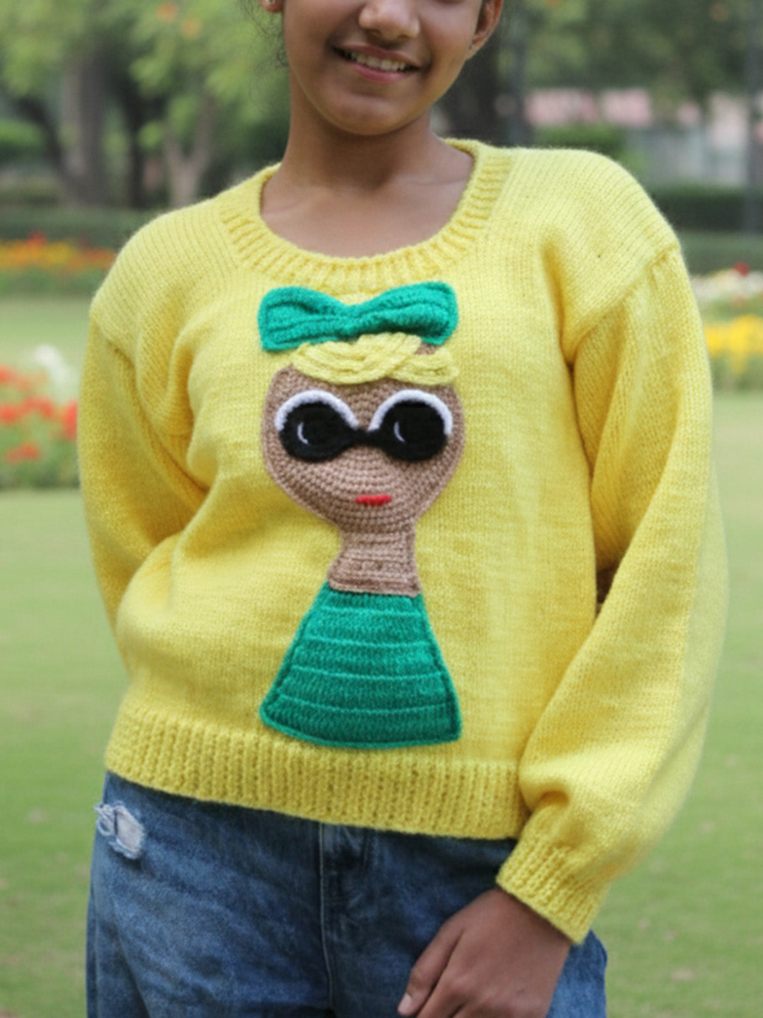 Handknitted Full Sleeves Doll Designed Sweater - Yellow