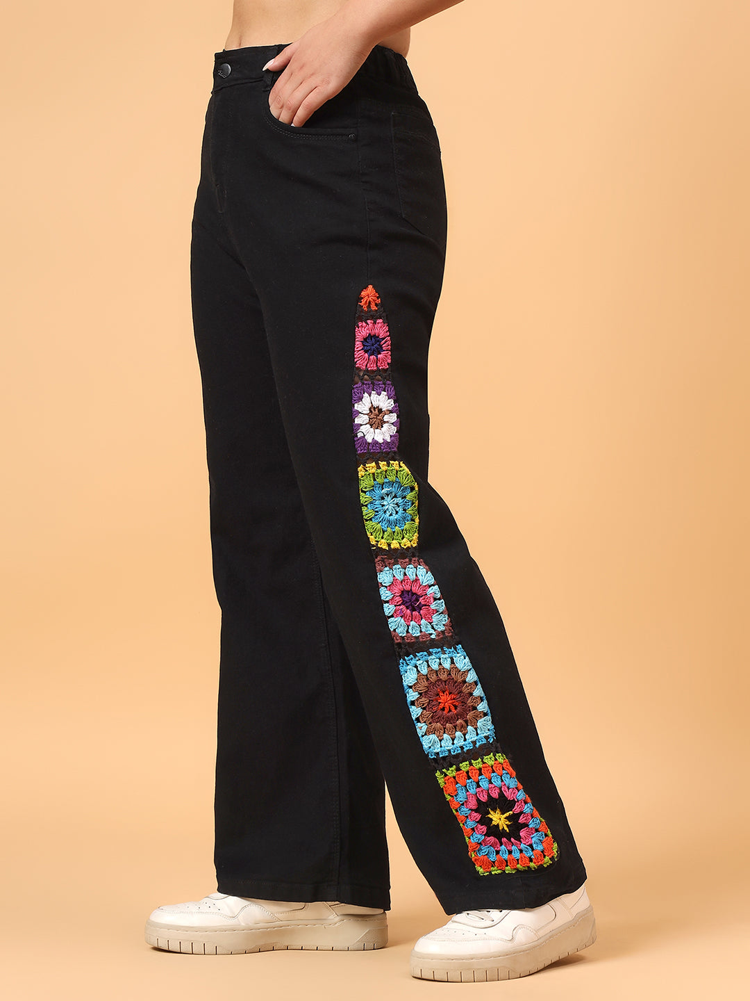Crochet Granny Square Denim Jeans - Black