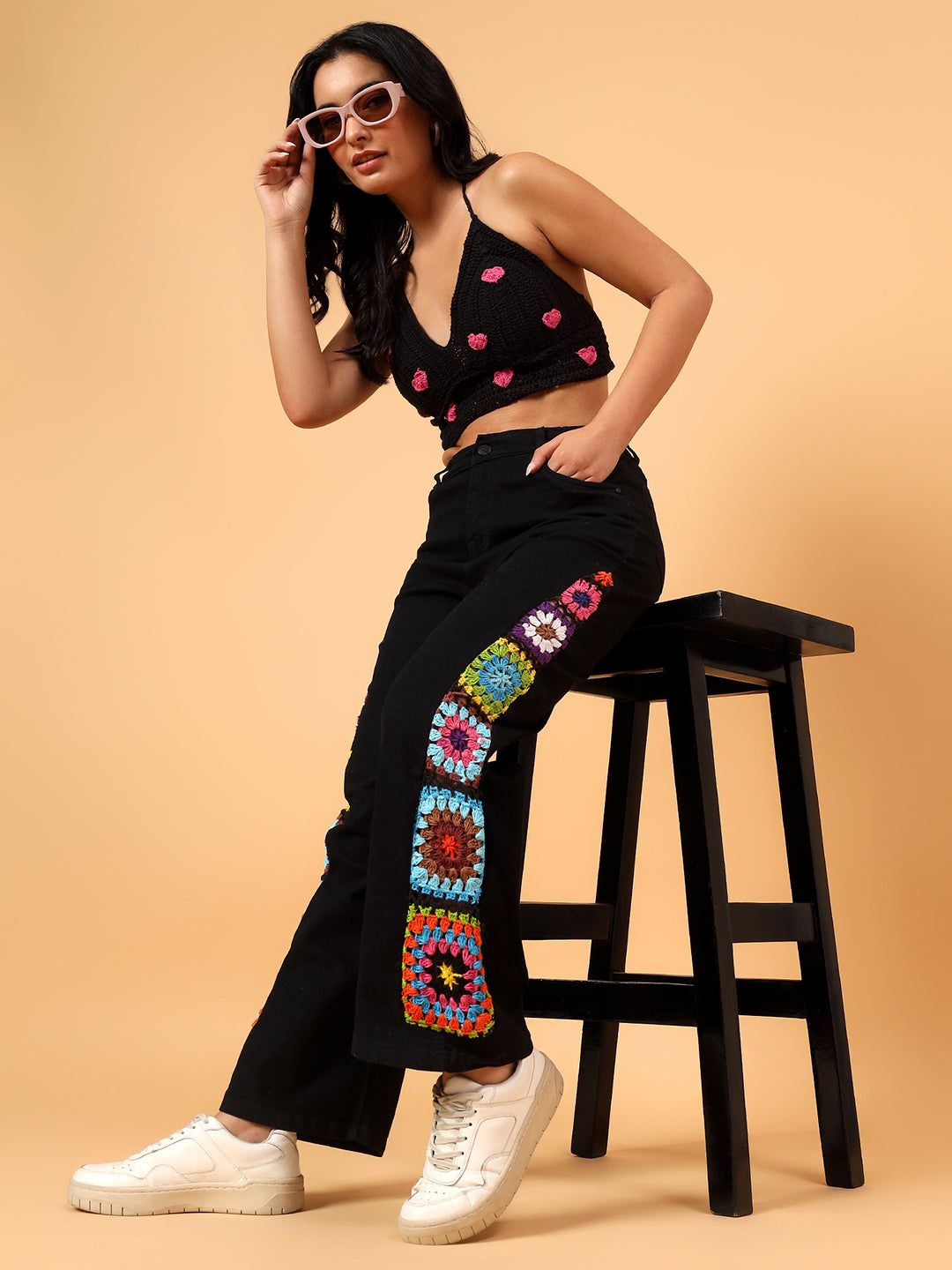 Crochet Granny Square Denim Jeans - Black