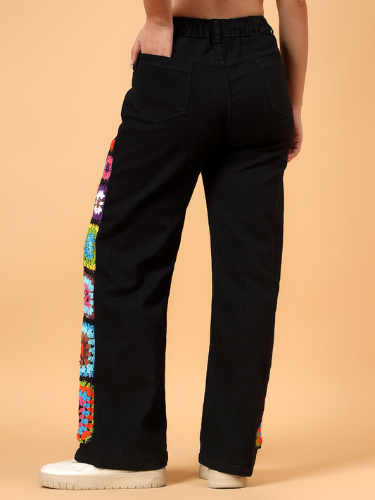 Crochet Granny Square Denim Jeans - Black