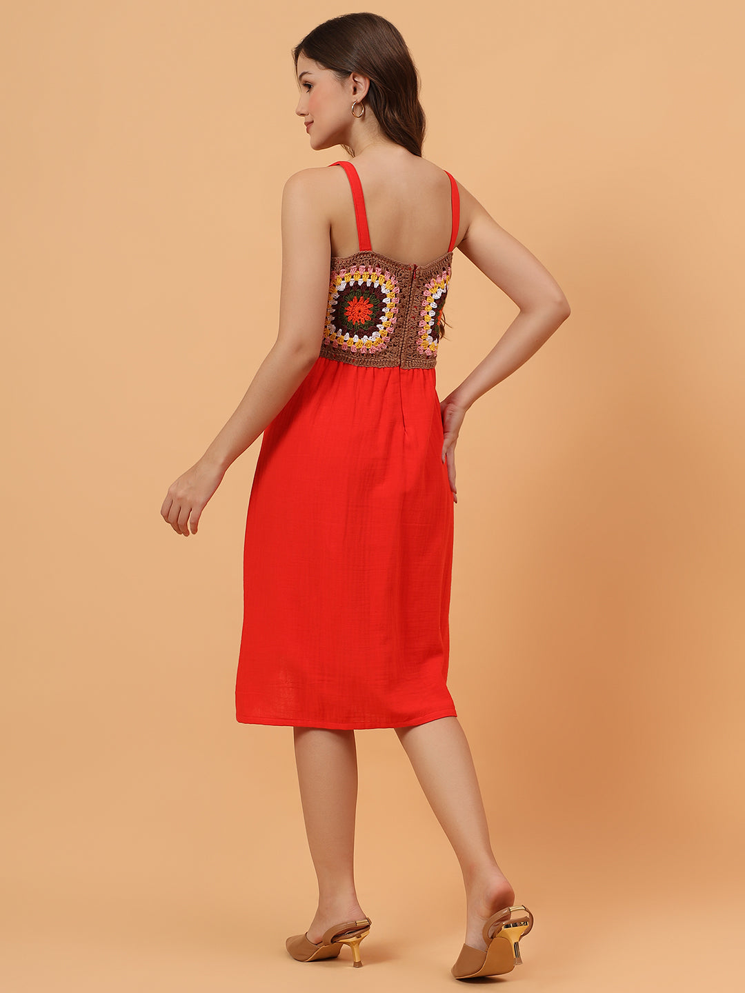 Crochet Yoke Strappy Dress - Red