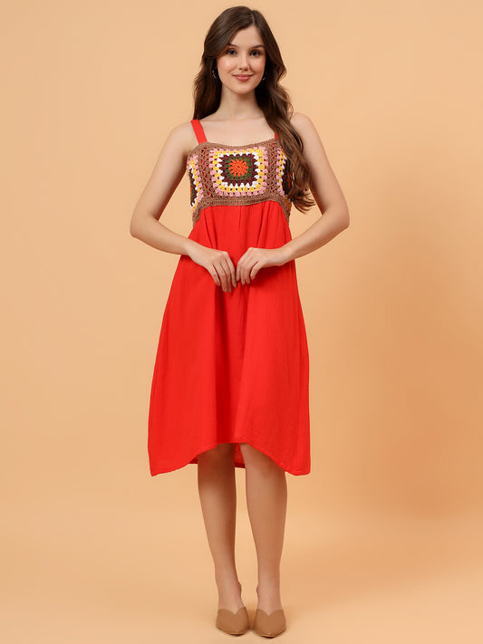 Crochet Yoke Strappy Dress - Red