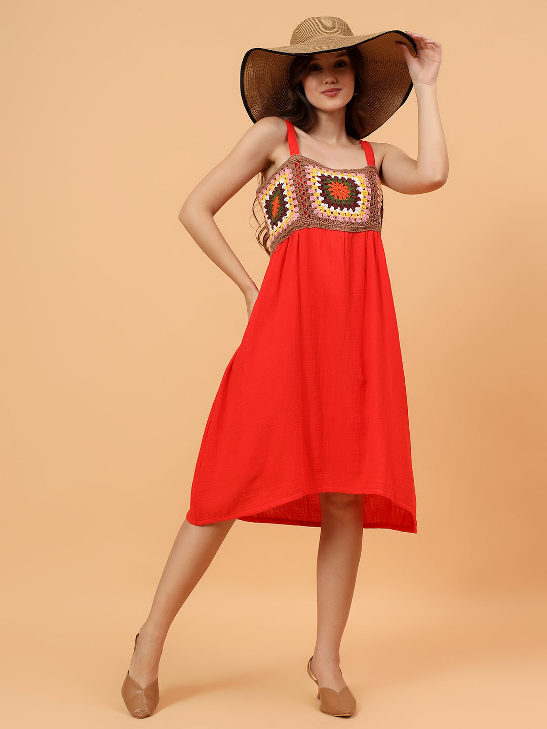 Crochet Yoke Strappy Dress - Red