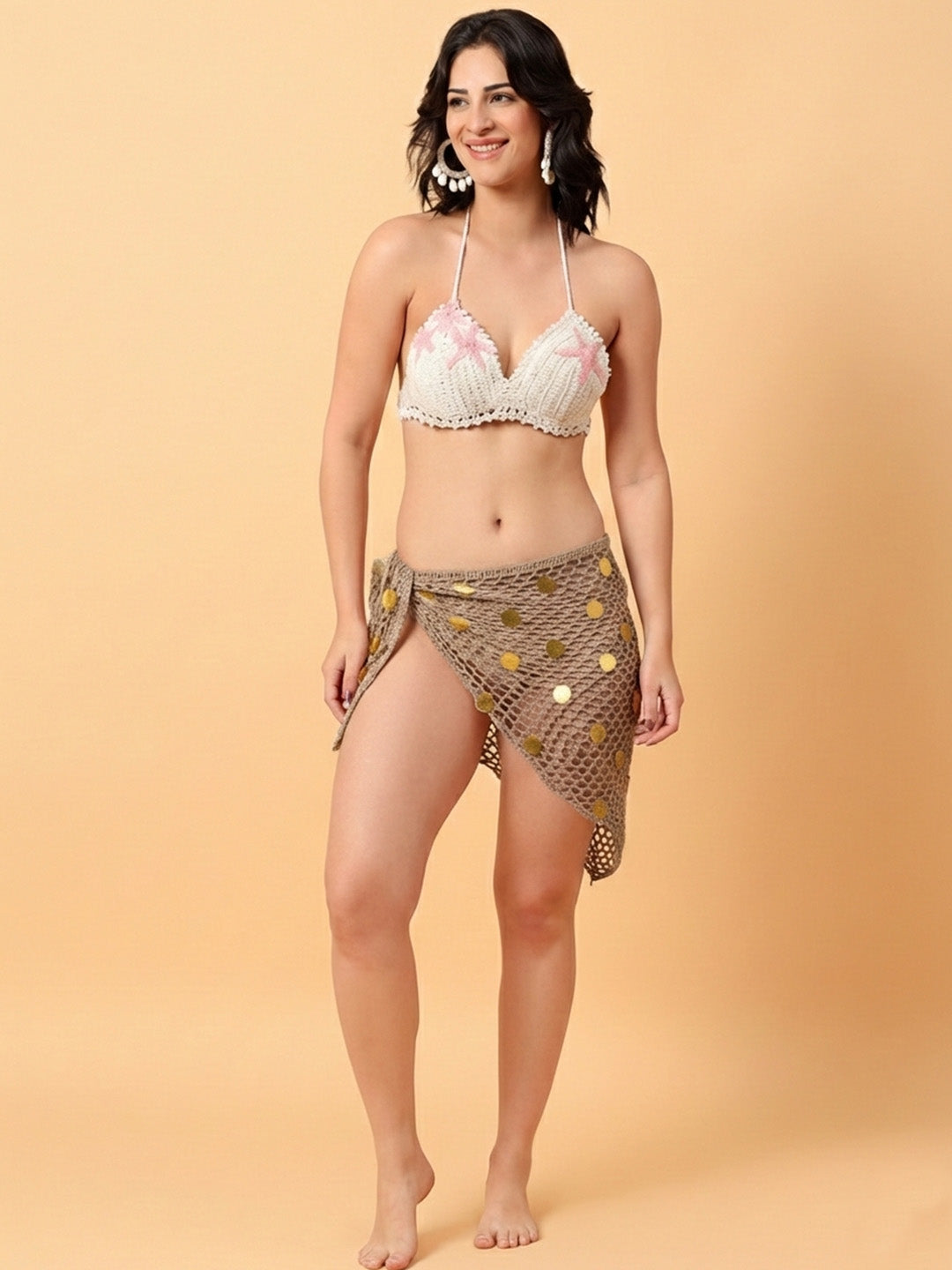 Crochet Embellished Beachwear Sarong for Women - Beige