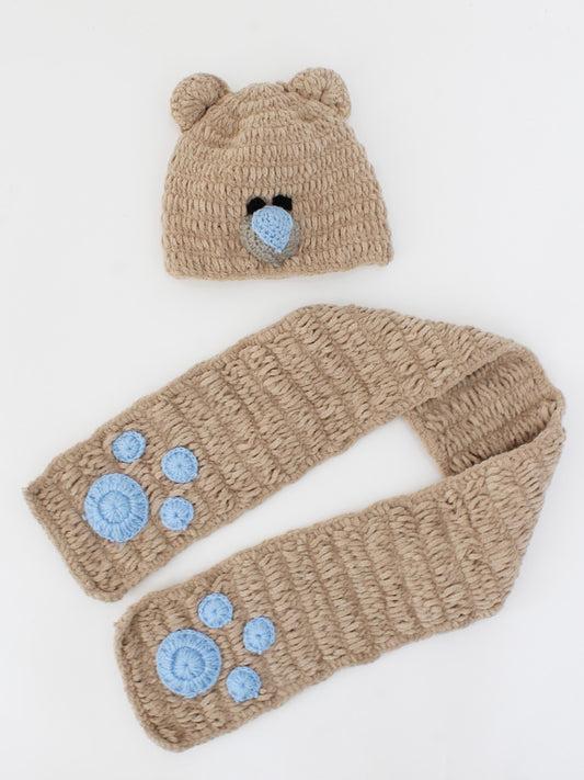 Handmade Bear Face Crochet Cap with Muffler - Beige