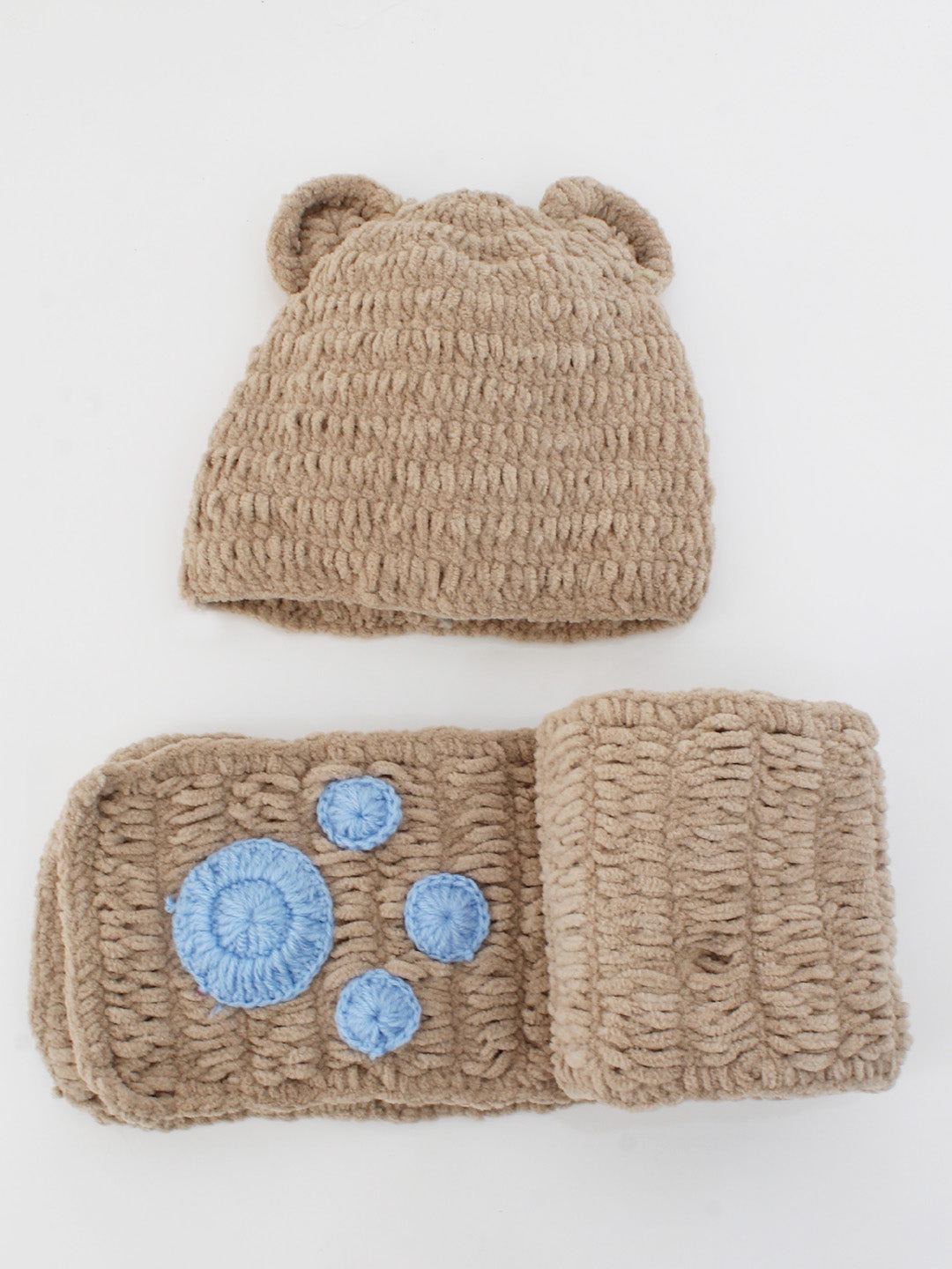 Handmade Bear Face Crochet Cap with Muffler - Beige